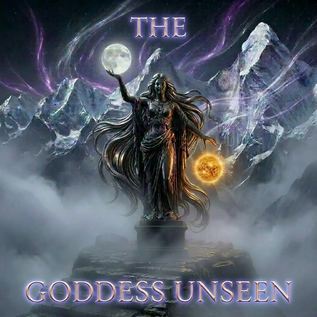 Stone statue of a goddess on a mountain peak holding the glowing sun in one hand and the moon in the other at night